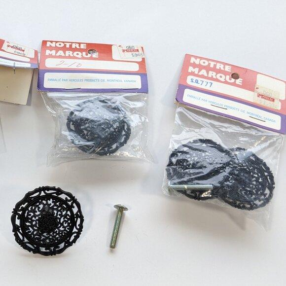 Lot of 4 Ornate Filigree Metal Cabinet Knobs Black drawer pulls round Japan NOS - Picture 3 of 6